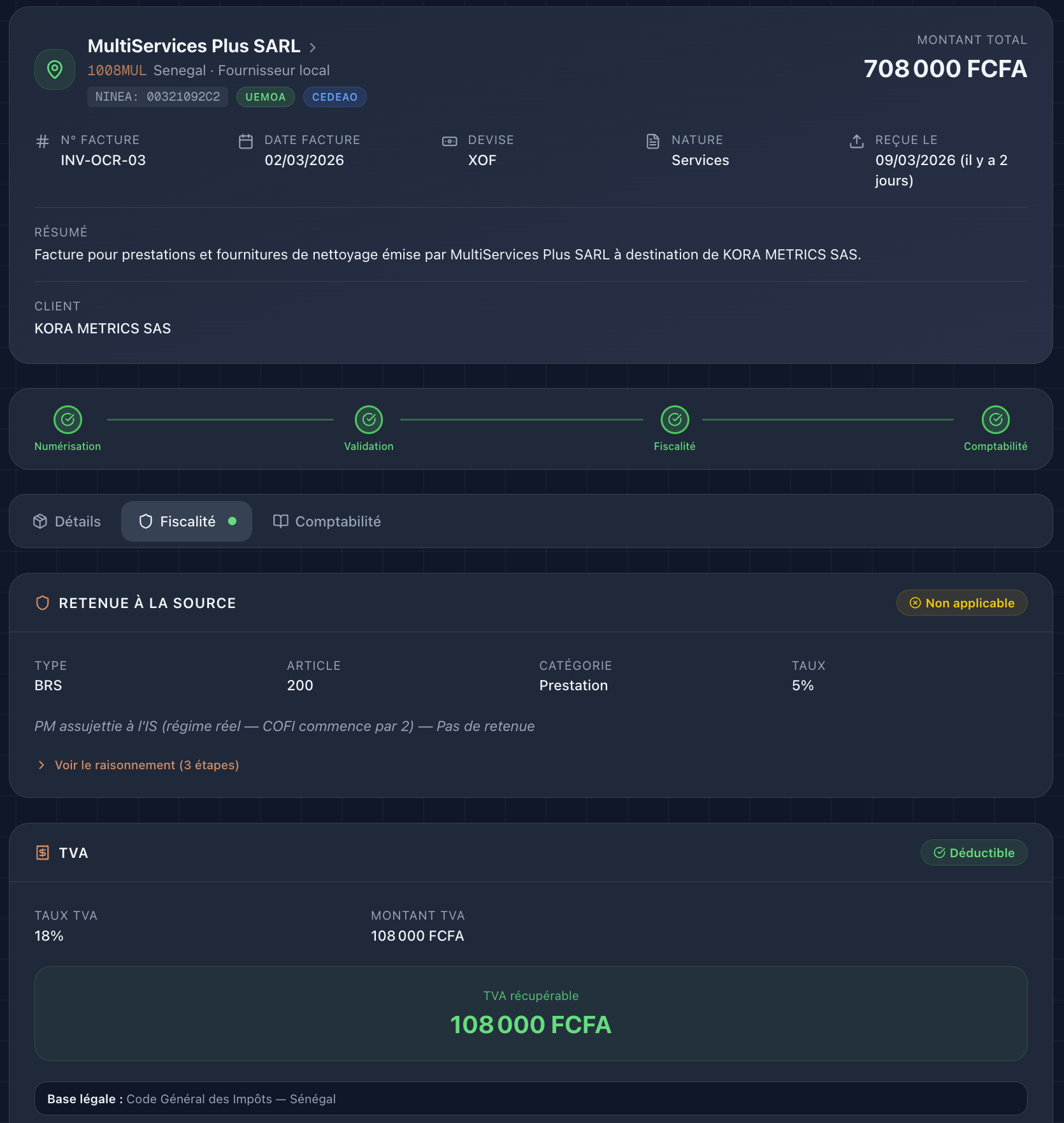 Kora Metrics — Détail facture et fiscalité